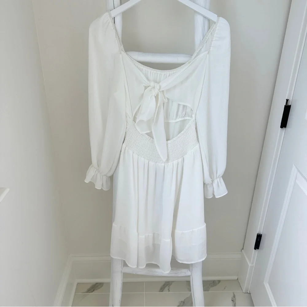 Exlura Long Lantern Sleeve Square Neck Elastic Waist Aline Casual Mini Dress